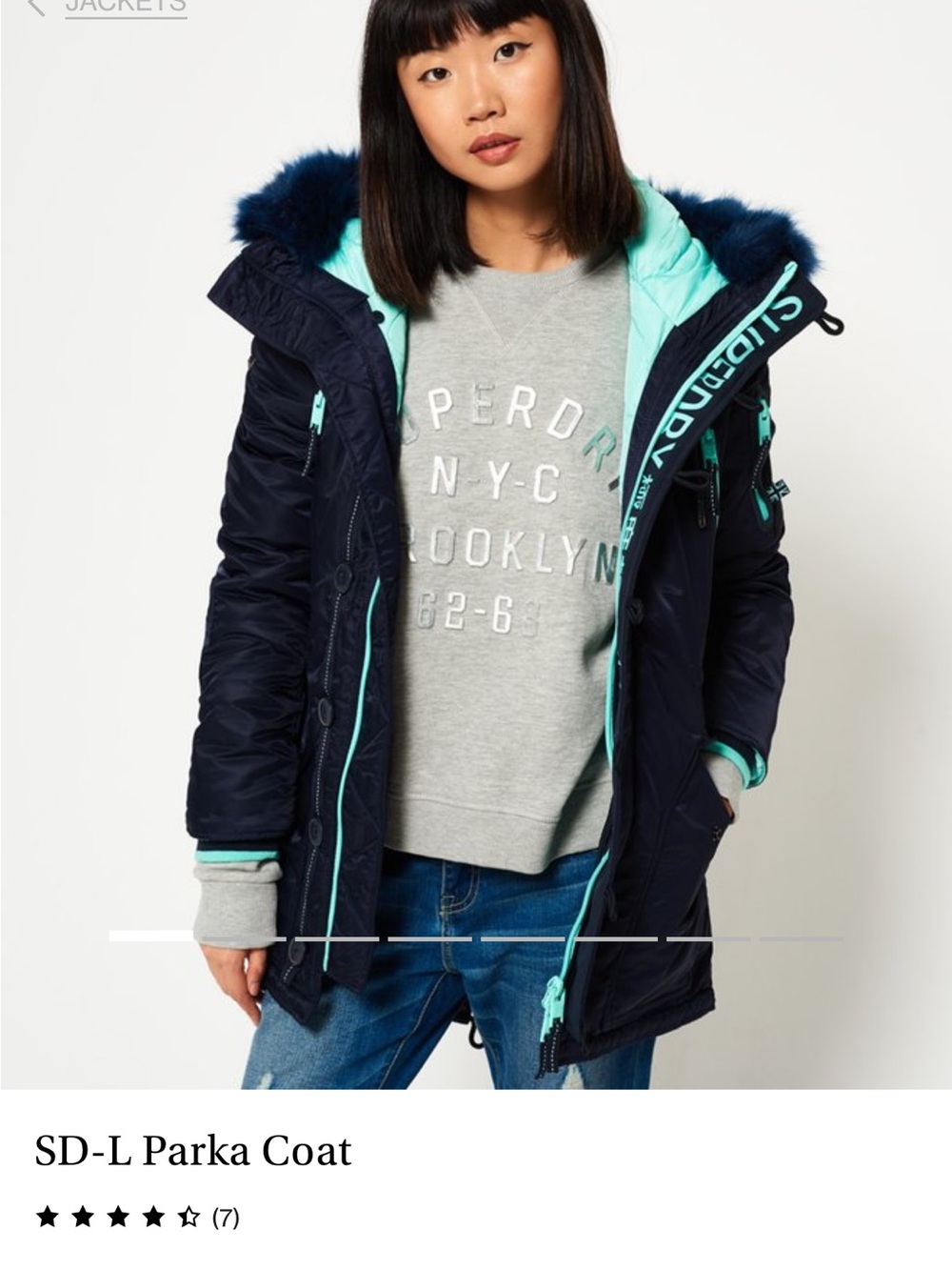 Superdry Navy Parka with Mint Lining and Dark Fur Trim